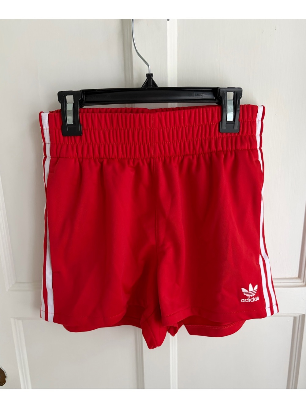 adidas Women's Red Athletic Shorts with White 3-Stripes/Pockets--Never Worn